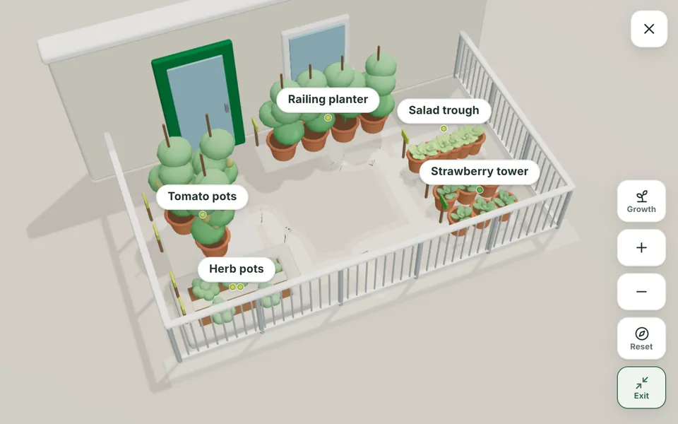 A balcony in 3D: tomato pots, a railing planter, herb pots, a strawberry tower and a salad trough