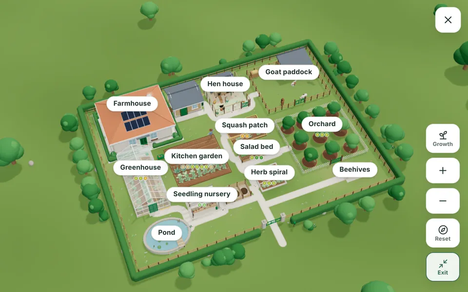 A smallholding in 3D: farmhouse, hen house, goat paddock, greenhouse, kitchen garden, orchard, beehives and a pond