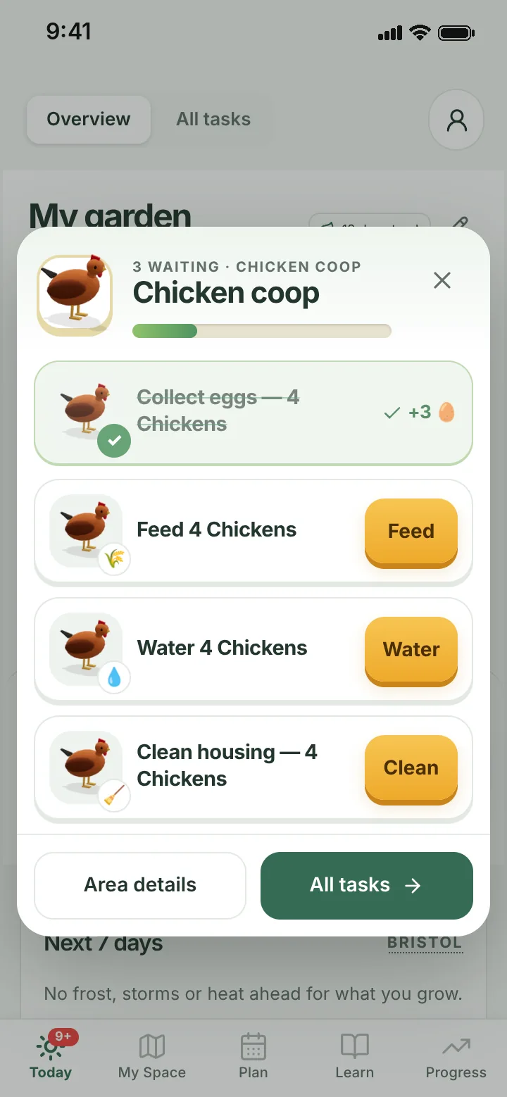 Chicken coop pop-up with four jobs: collect eggs, feed, water and clean the housing, the first ticked off with plus three eggs