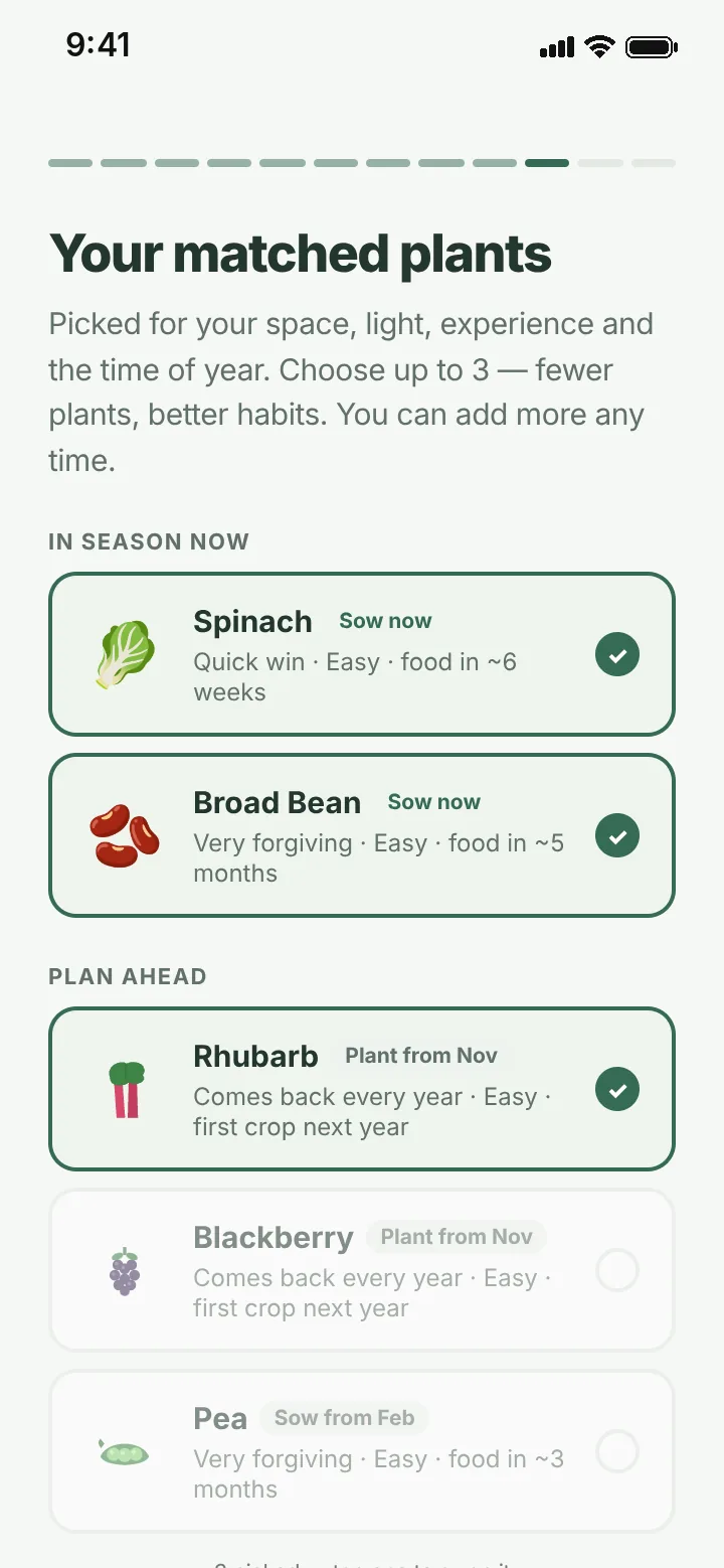 Your matched plants: spinach and broad bean to sow now and rhubarb to plan ahead are picked, with blackberry and pea as other options