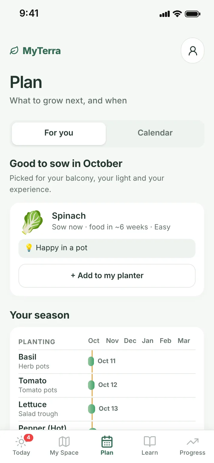 Plan screen for a balcony: spinach is good to sow in October, and a season timeline shows when the basil, tomatoes, lettuce and hot peppers will be ready