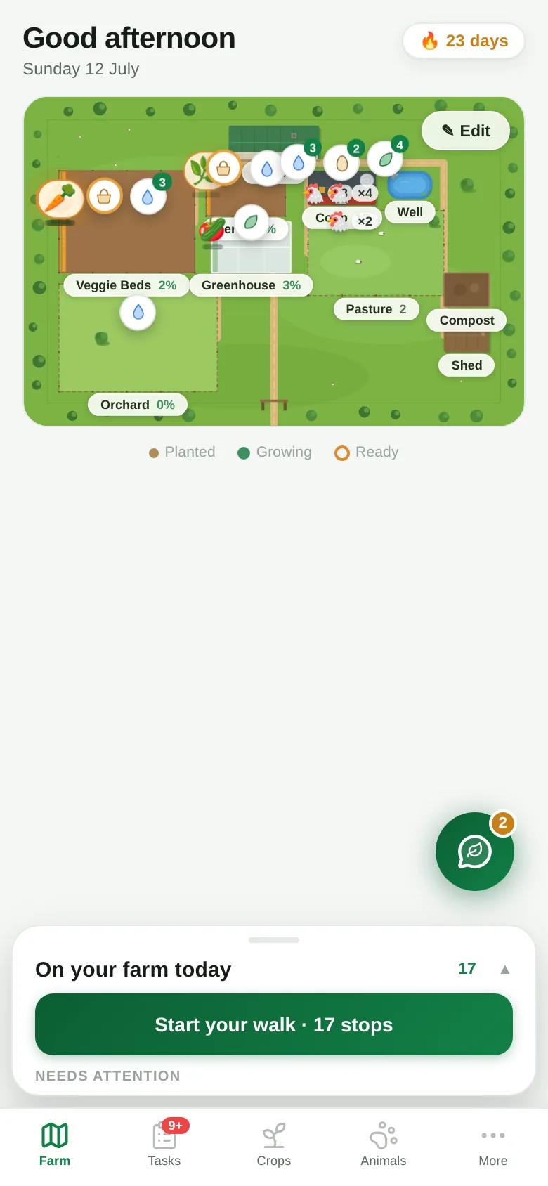 MyTerra on a phone: the illustrated farm map with today's quest sheet
